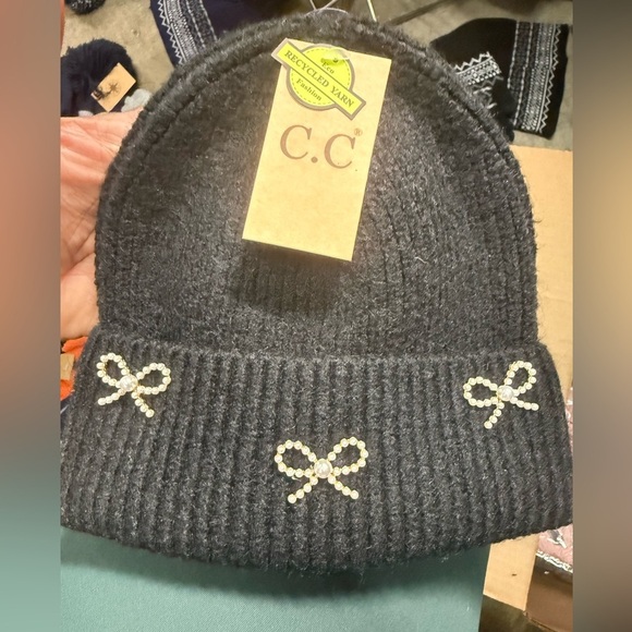 C.C Accessories - C.C womens Charcoal Beanie with Pearl Bow Details